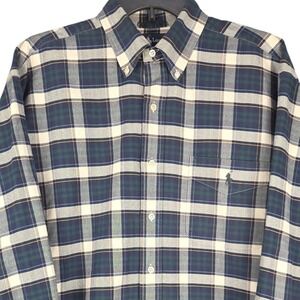 Polo Ralph Lauren Mens Medium Big Shirt Blue Green Plaid 100% Cotton Button Up